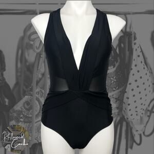 Nicole Miller Black Mesh Insert Plunging Swimsuit - Size 6